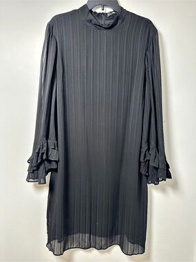 MANGO Womens XXL Black Sheer Striped Shift Dress Ruffle Bell Sleeve Party